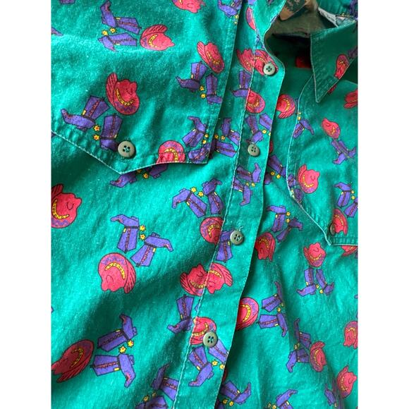 Vintage Southwest Canyon Ladies L Cowboy Hat and Boots Green Western Button Up - Picture 3 of 6